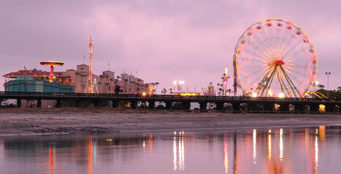 The Ferris wheel and other rides as seen from the lagoon.